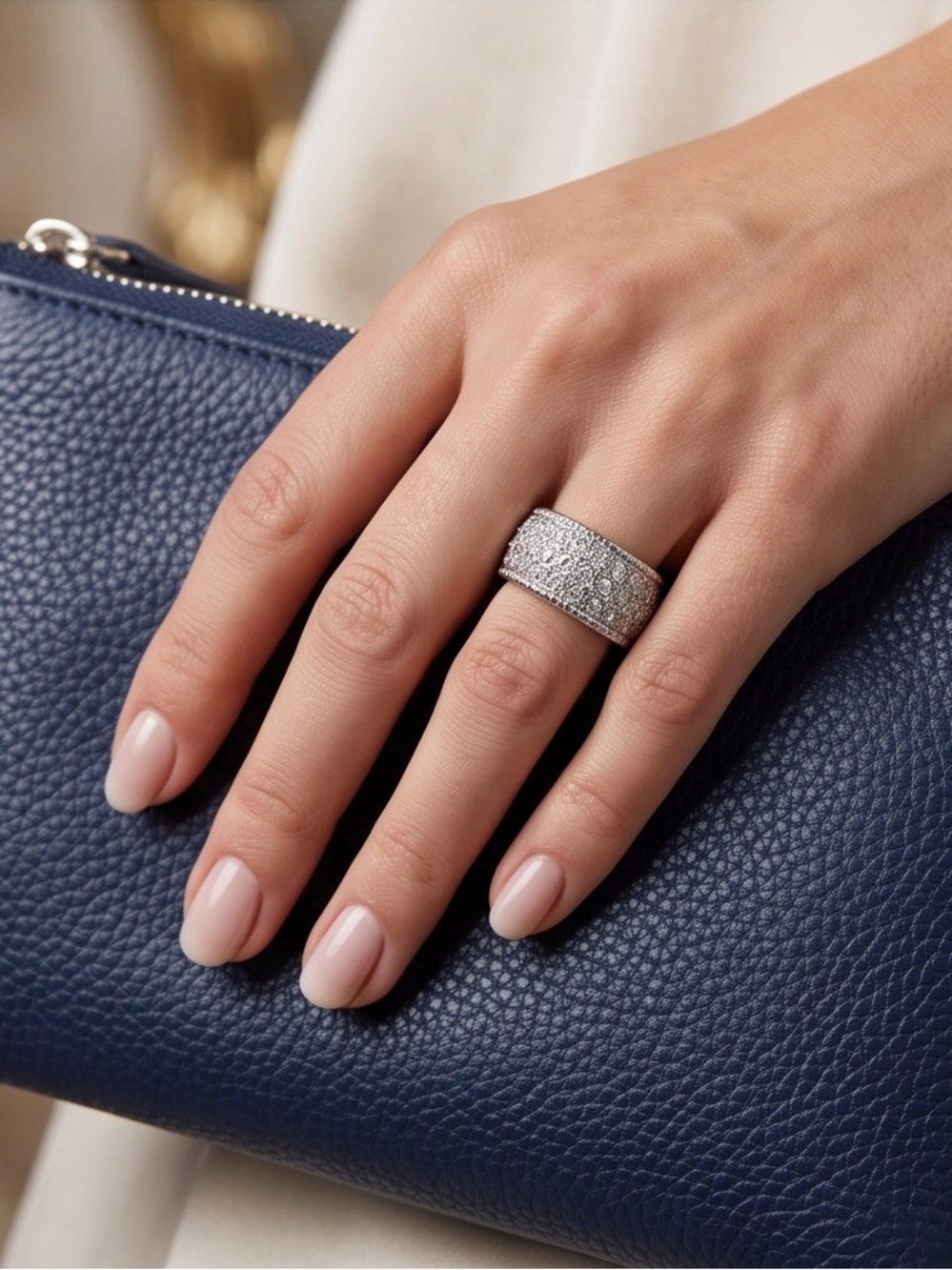 Wide Pavé Diamond-Style Band Ring in Silver Tone size 7 - Picture 2 of 4